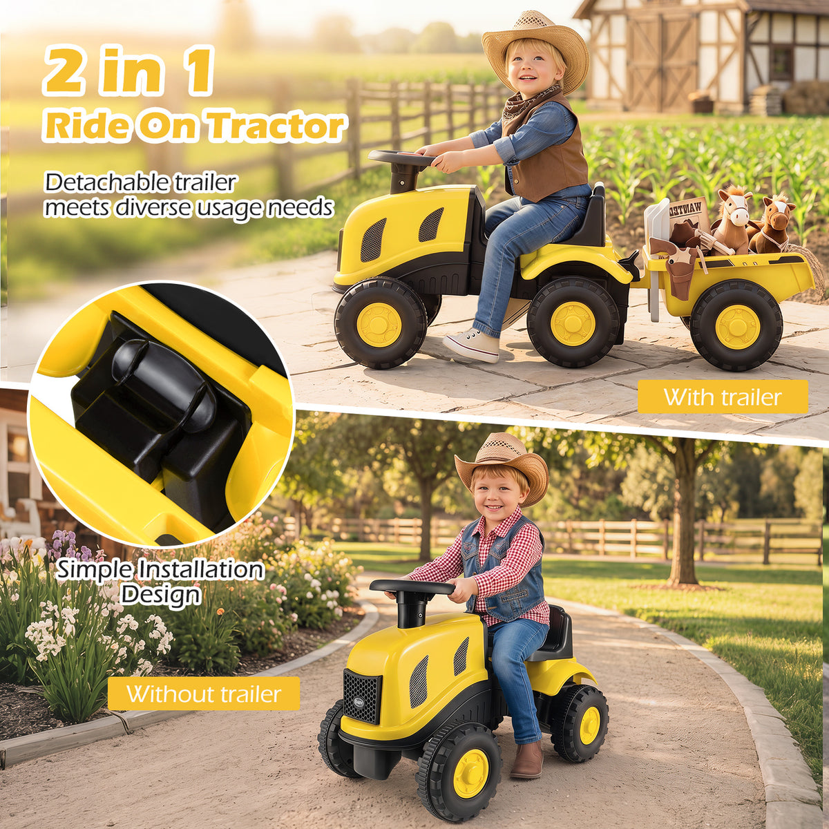 The yellow ride on toy shown with and without the trailer to demonstrate its versatility
