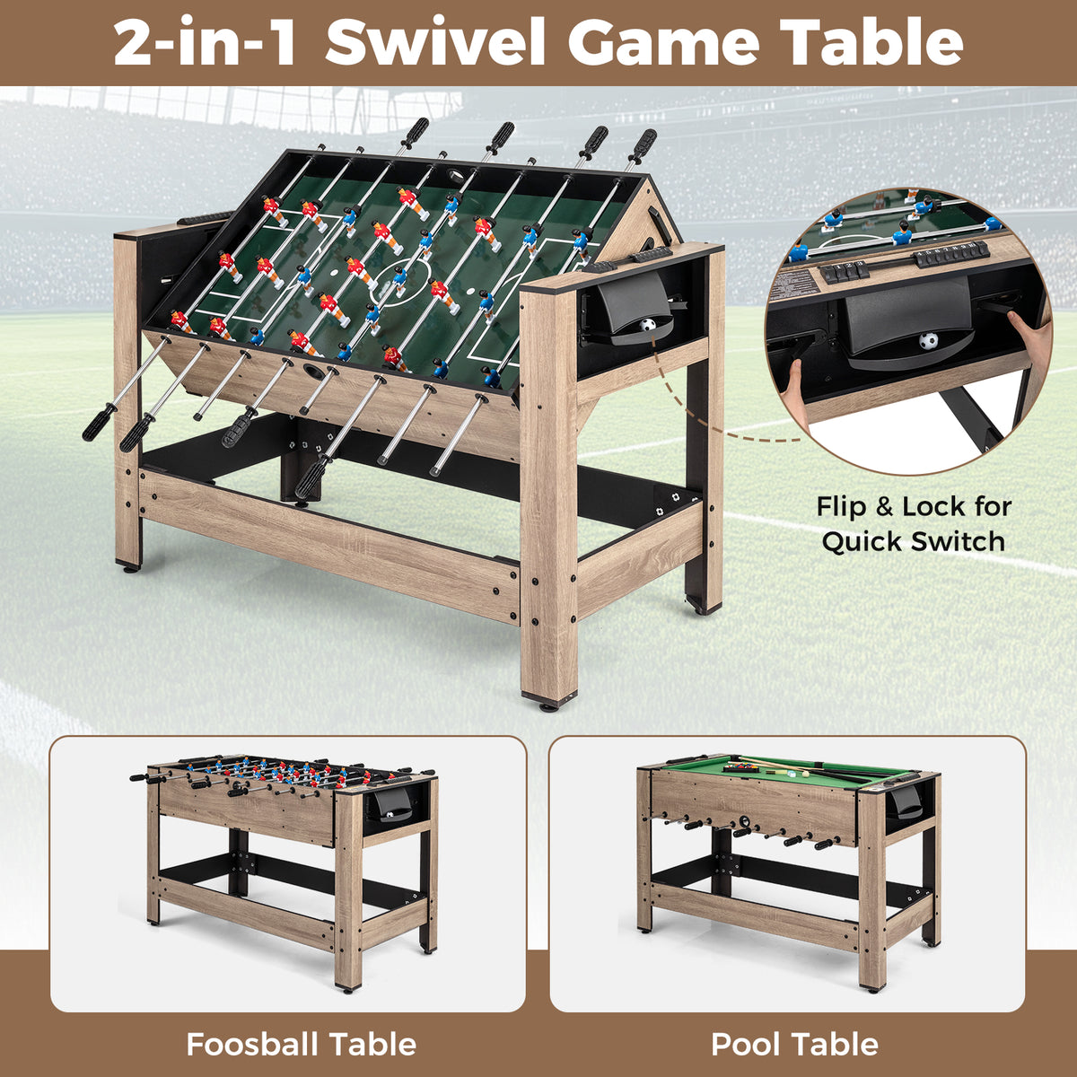 The game table demonstrating the swivel mechanism to switch between pool and foosball