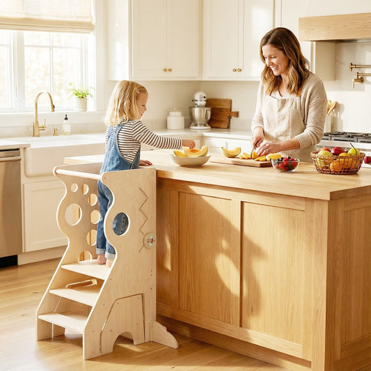 A wooden standing tower helps a child reach the kitchen counter to prepare food with a parent
