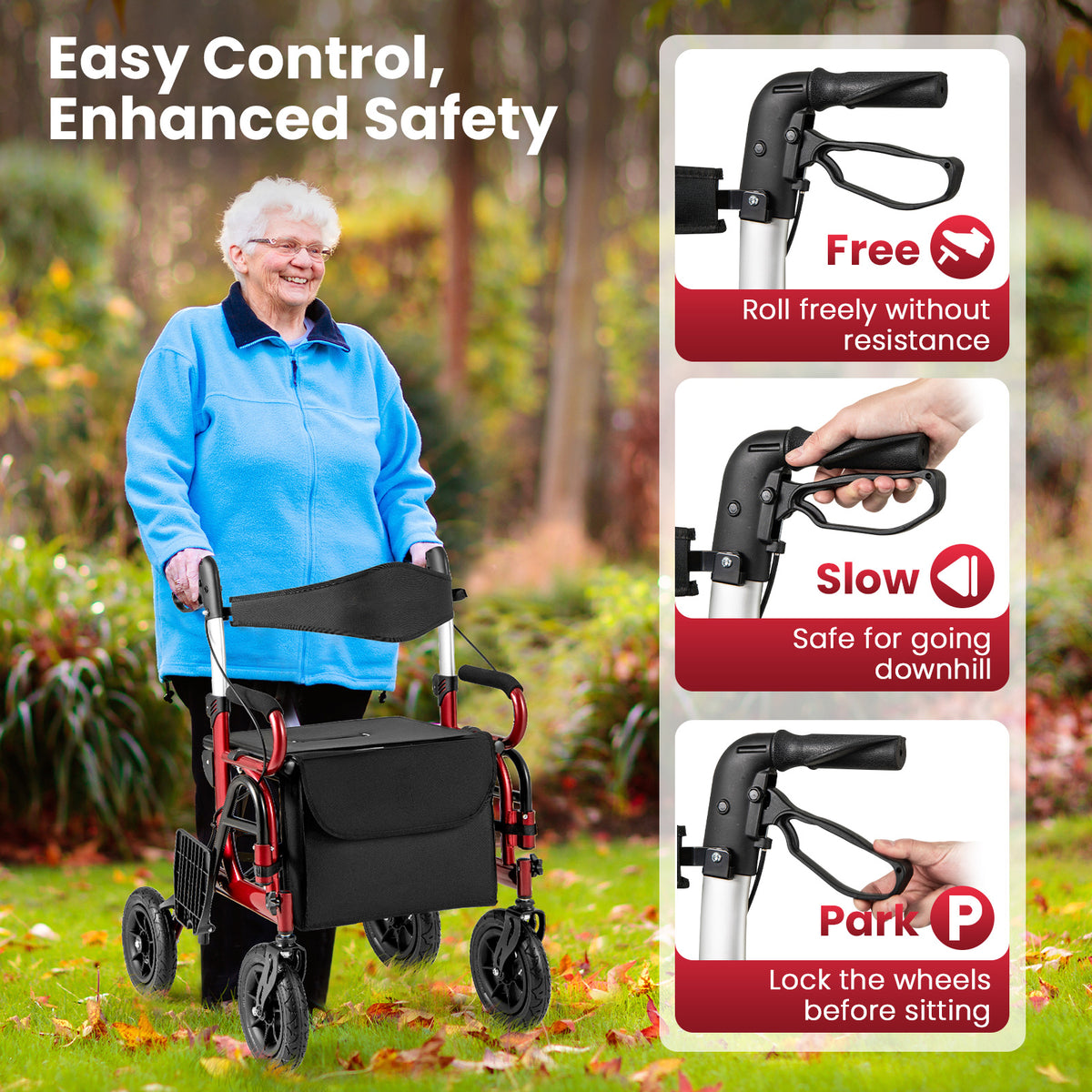 2-in-1 Foldable Rollator Walker with Seat and Pneumatic Tires for All Terrain-Red