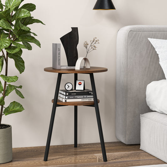 A single wooden round side table with storage shelf next to a bed
