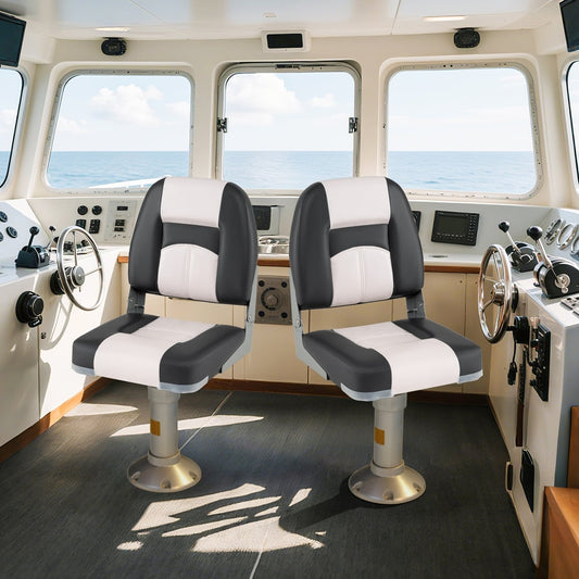 Two grey boat seats installed on a boat's bridge