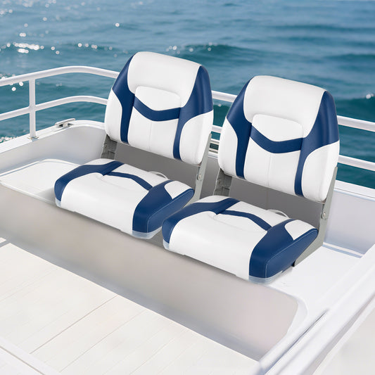 Two blue and white boat chairs installed on a white deck