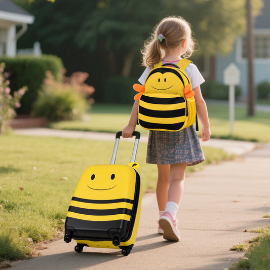 Child pulling the yellow bee rolling suitcase and wearing the matching backpack