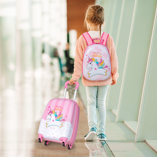 The pink kids luggage set is shown with a matching backpack, pulled by a young girl