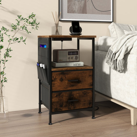 The rustic brown nightstand with two drawers and side storage pockets