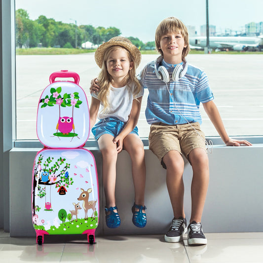 Two children sitting by a window with the kids luggage set