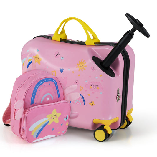 The kids luggage featuring a ride-on suitcase with a pull handle and a matching backpack