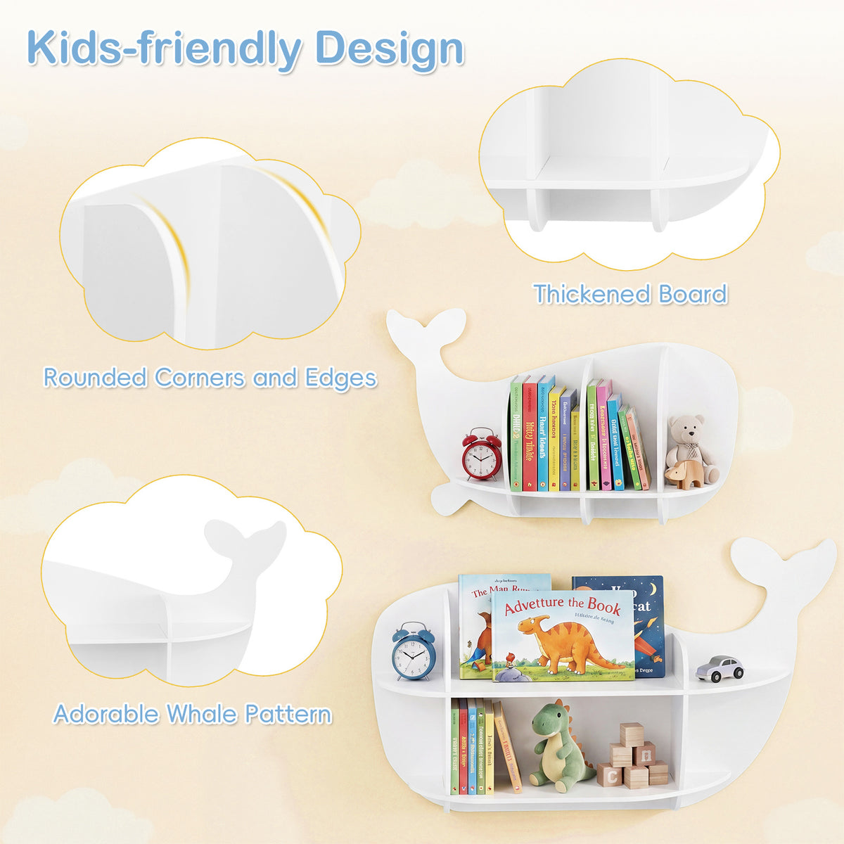 The two white whale shaped wall shelves with circular insets showing design details
