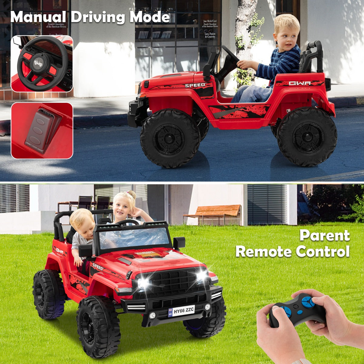Red ride-on car shown in manual and parent remote control modes