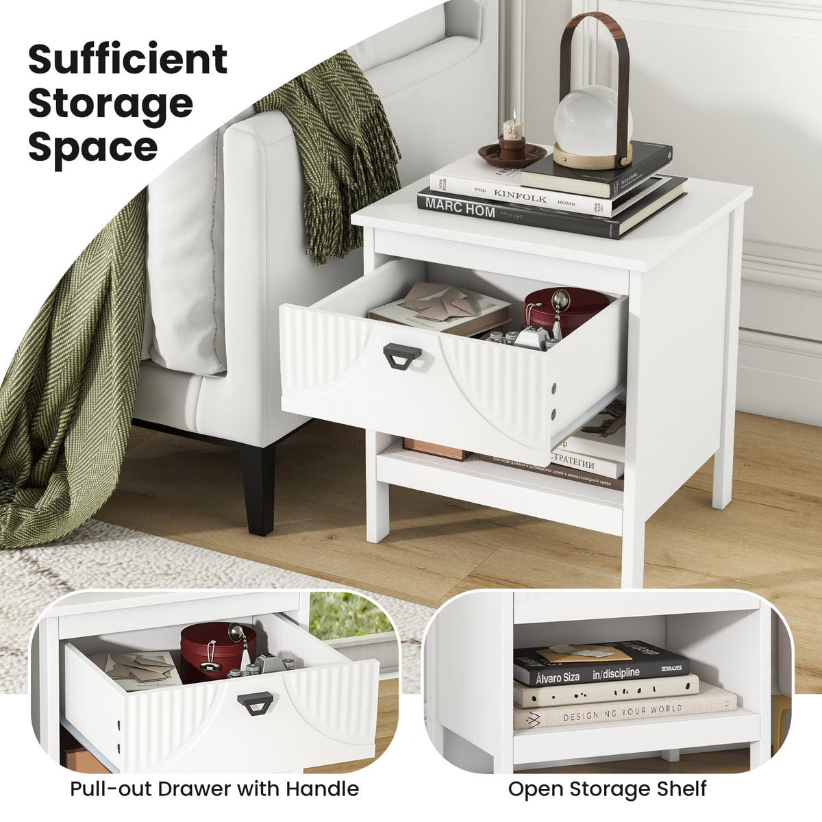 2-tier End Table Set of 2 with Drawer and Open Storage Shelf-White