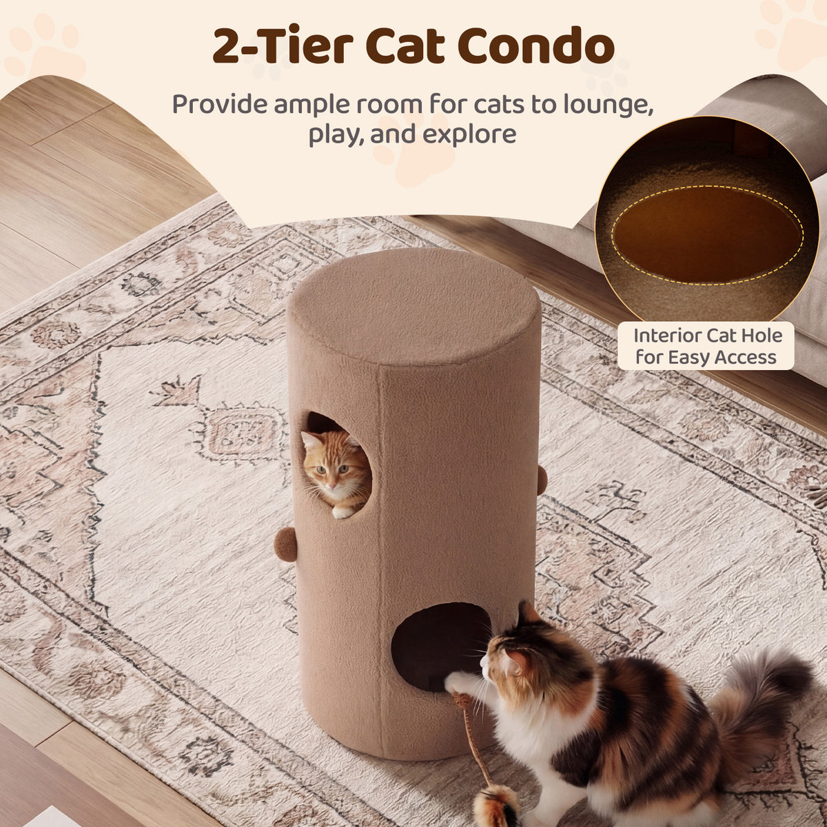 The cat furniture has a sisal scratching panel and interior access