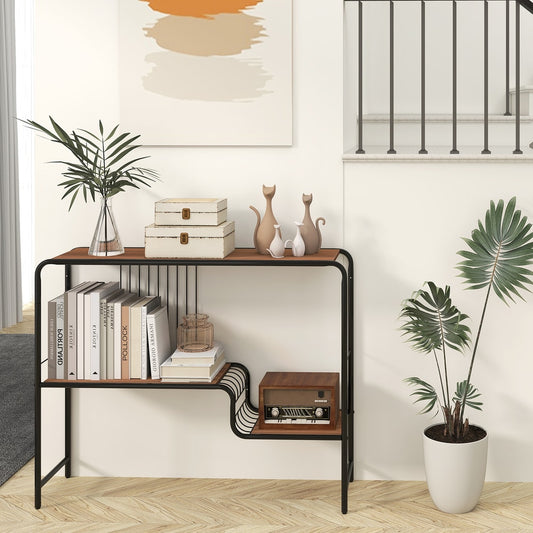 Console table with two shelves and a metal frame, styled with books, decorative items and a plant in a hallway setting