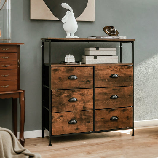 The dresser placed in a living room with decorative items on the top shelf