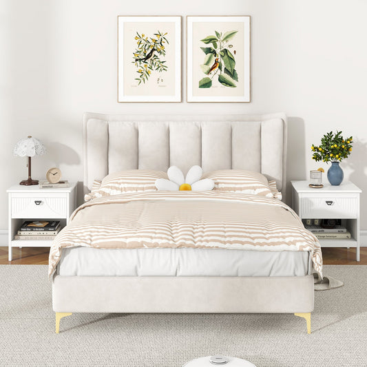 The end tables placed on either side of a bed in a bright bedroom setting