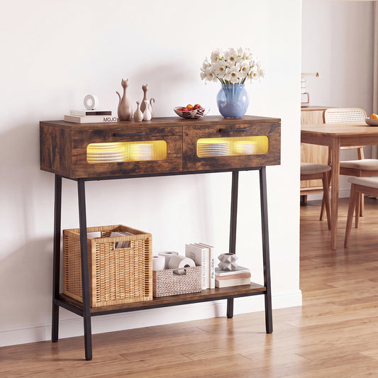 The console table is shown in a dining room setting with decorative items on its shelves