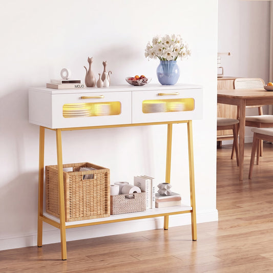 The console table in a hallway setting with decorative items on top and storage baskets on the shelf