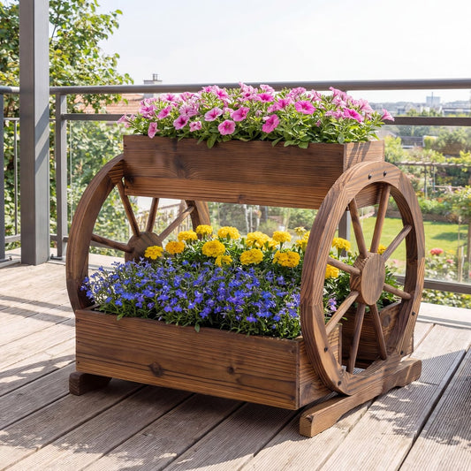 The wooden wagon planter with two tiers and large side wheels on a deck