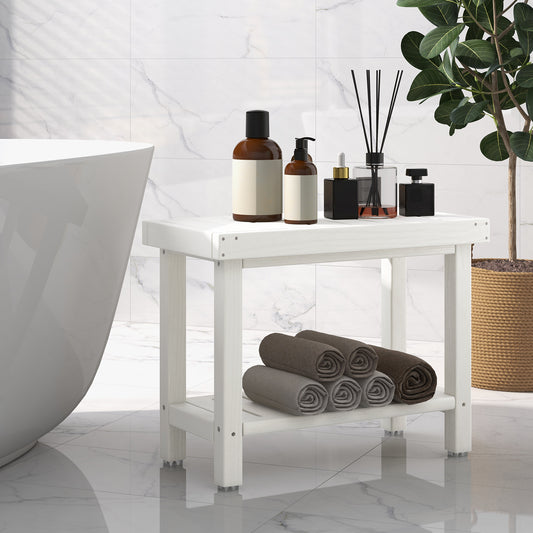 The shower stool placed in a bright bathroom next to a white bathtub with various bottles on top