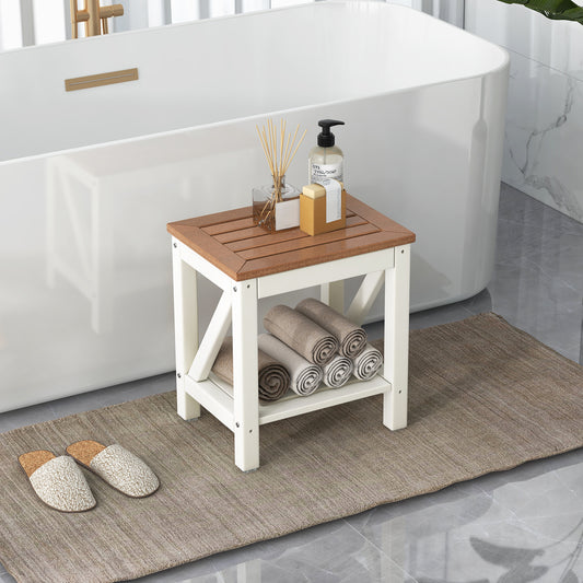The shower stool next to a bathtub with towels and toiletries on it