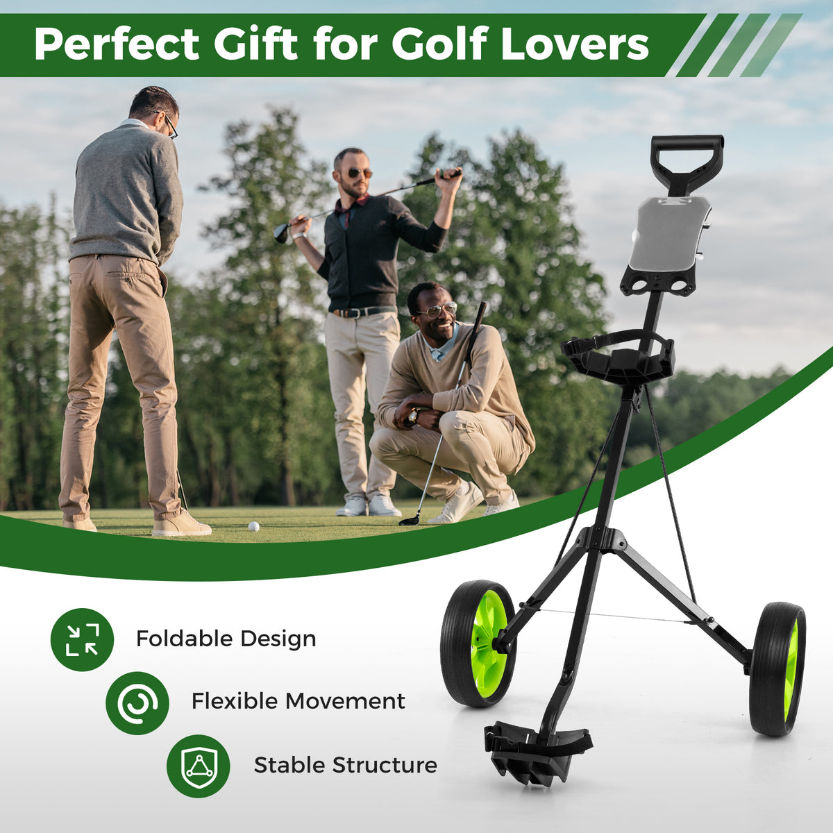 Three men play golf with the green golf cart nearby, presented as a gift idea