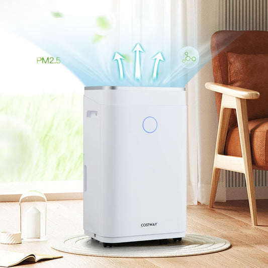 The dehumidifier in a room, showing air being drawn in and clean air expelled