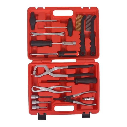 Red toolbox containing brake maintenance and assembly tools, including pliers and brushes