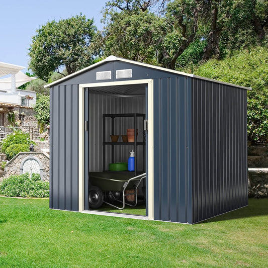 the outdoor storage shed, shown with its sliding door open revealing shelves and a wheelbarrow inside