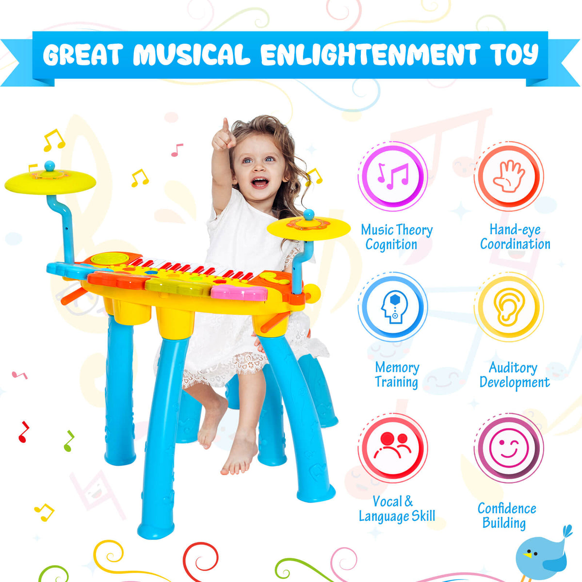 Benefits of the toy keyboard drum set are listed with icons and text
