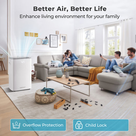 The white dehumidifier in a living room with a family relaxing