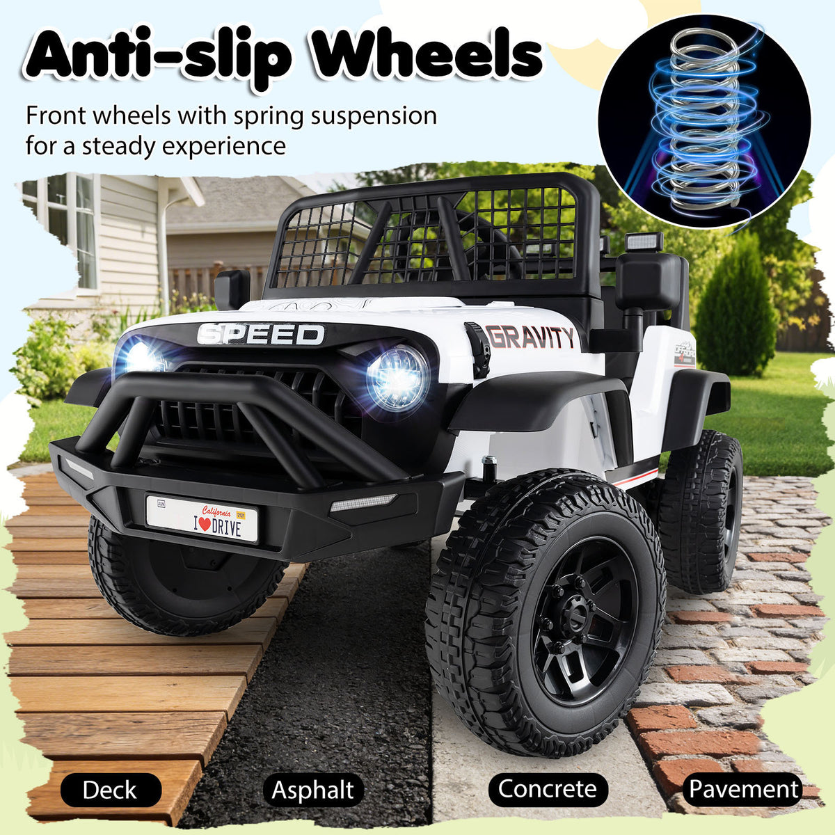 24V Battery Powered Ride On Car, the kids electric car showing anti-slip wheel design and spring suspension details