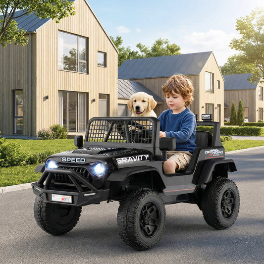 24V Battery Powered Ride On Car, child and dog riding in the black kids electric car on a street