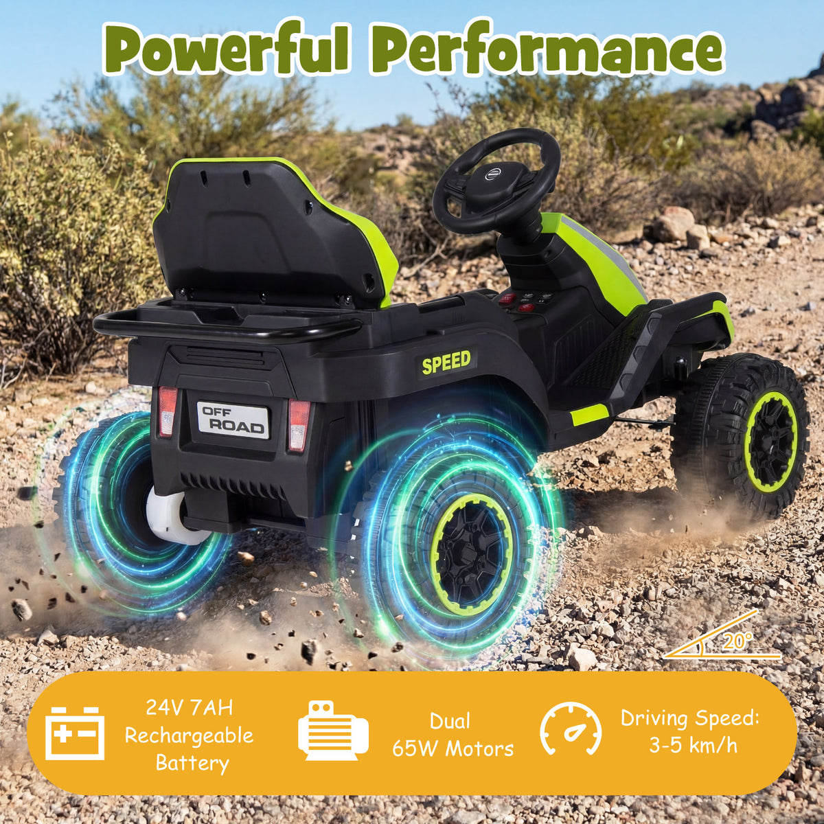 The green kids electric tractor driving off road with glowing wheels