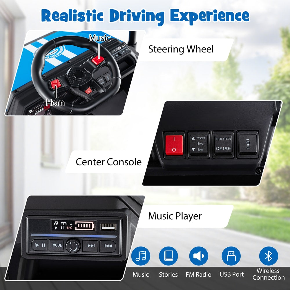 Close up of the steering wheel, horn and music player on the kids electric golf cart