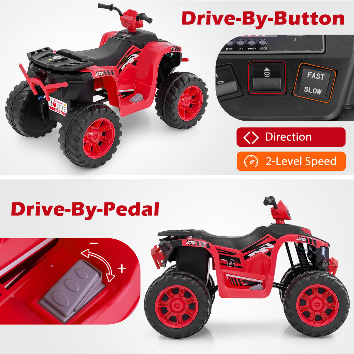 24V Ride-On ATV Toy Car, the kids electric car showing close-ups of the speed buttons and the foot pedal controls