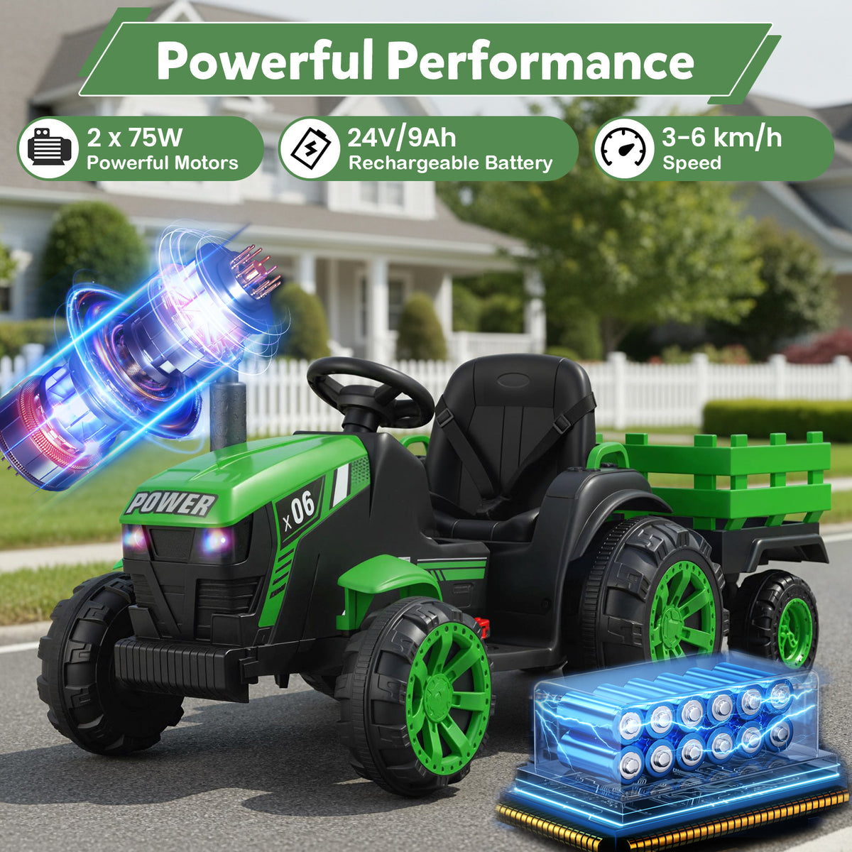 The kids electric tractor with graphics showing motor and battery performance on a driveway