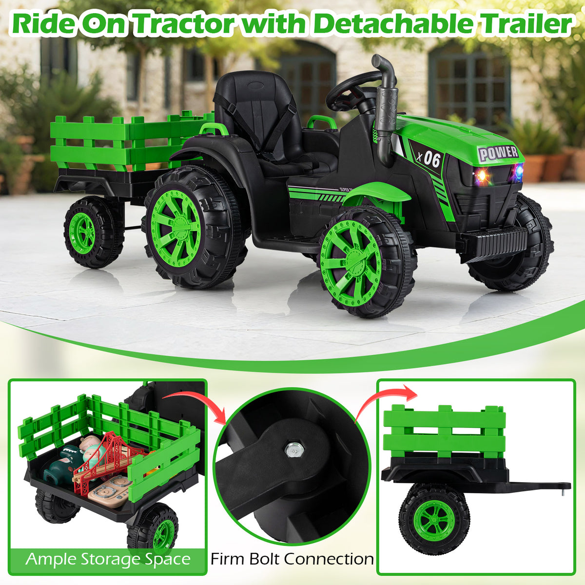 The light green kids electric tractor with close-ups of the trailer storage and bolt connection