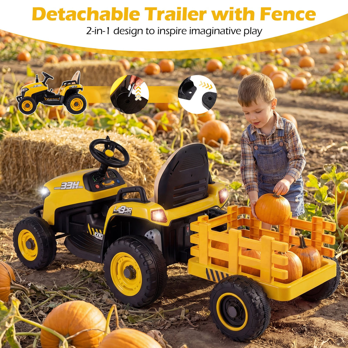Detachable trailer with fence on the yellow electric tractor in a pumpkin patch