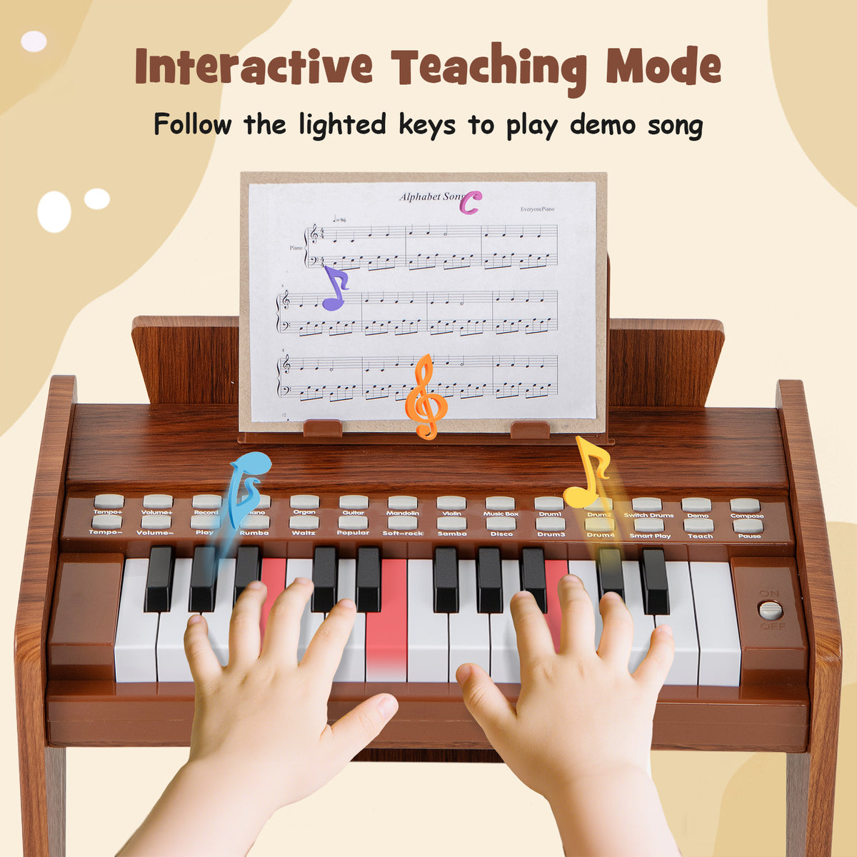 The musical keyboard being played by a child with floating musical note icons above the keys