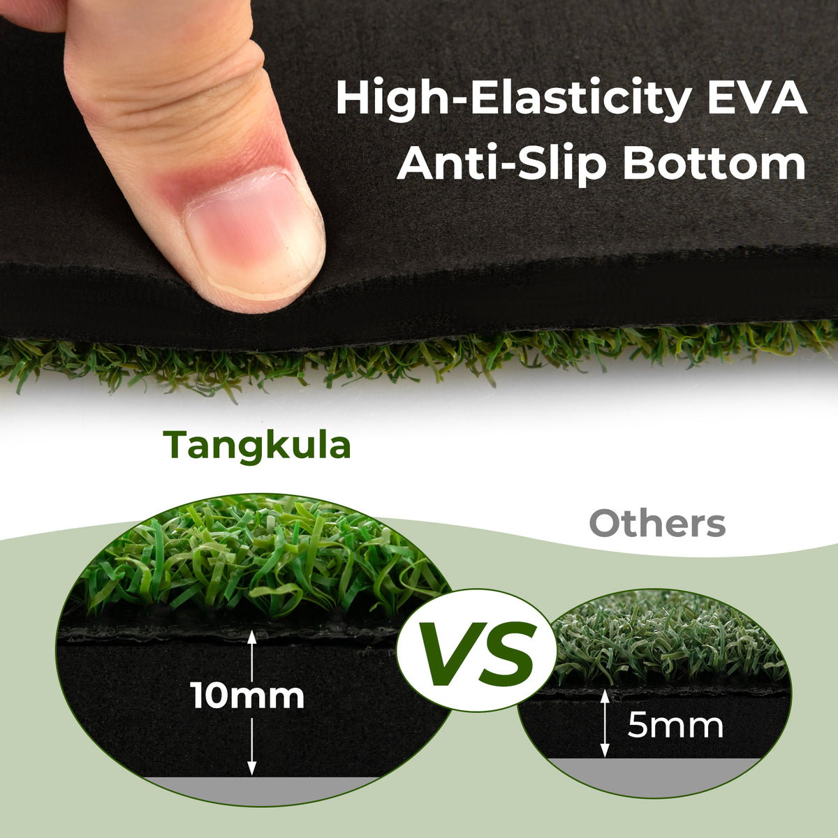 Comparison of the golf hitting mat's high-elasticity anti-slip bottom with another mat