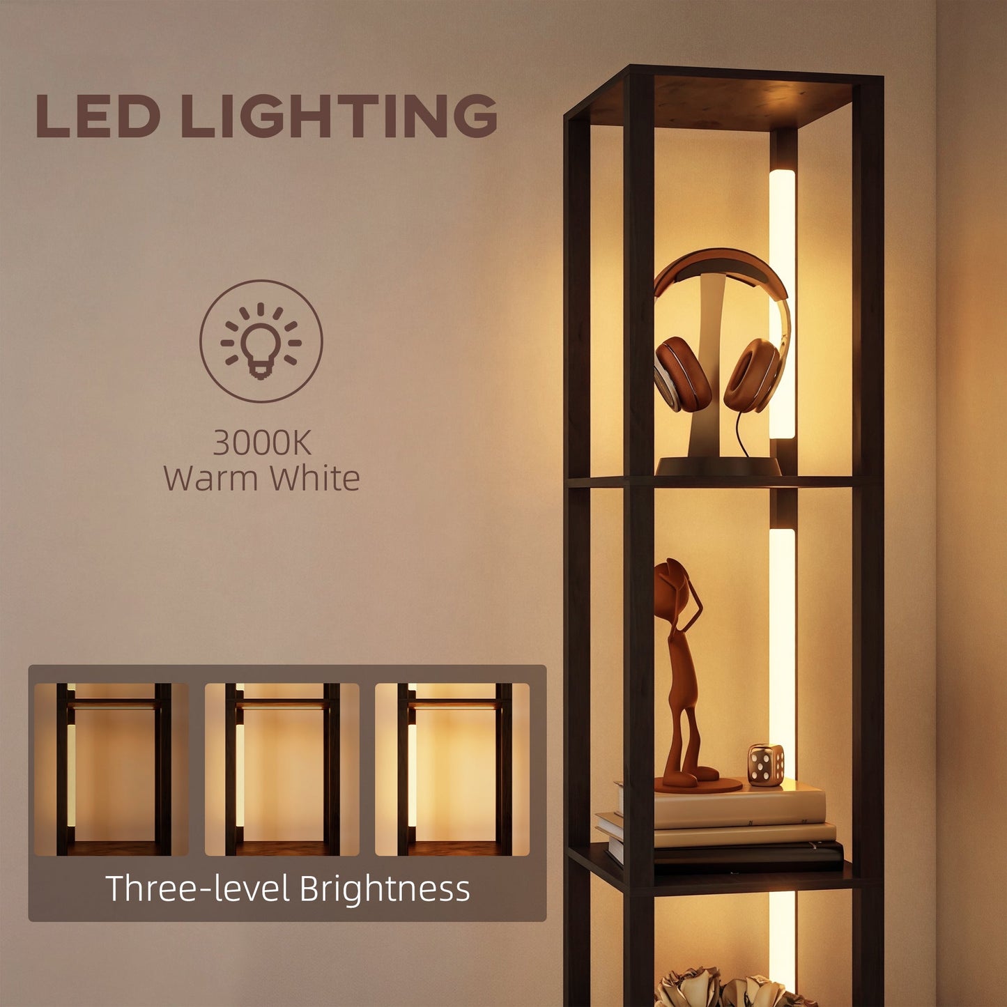 مصباح أرضي من HOMCOM مع أرفف، مصباح عمودي عصري LED قائم بذاته مع درج قماشي، إضاءة قابلة للتعديل، مفتاح قدم لغرفة المعيشة وغرفة النوم والمكتب، أسود
