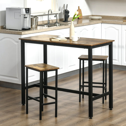 طقم طاولة بار HOMCOM 120x60 سم، طاولة إفطار مع مقعدين، طاولة طعام وكرسيين بارتفاع كونترتوب من 3 قطع للمطبخ وغرفة المعيشة، بني ريفي