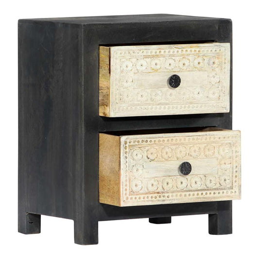 The bedside table with one drawer open showing the interior space