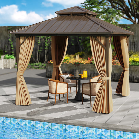 Canopies & Gazebos with curtains set up next to a swimming pool with outdoor furniture