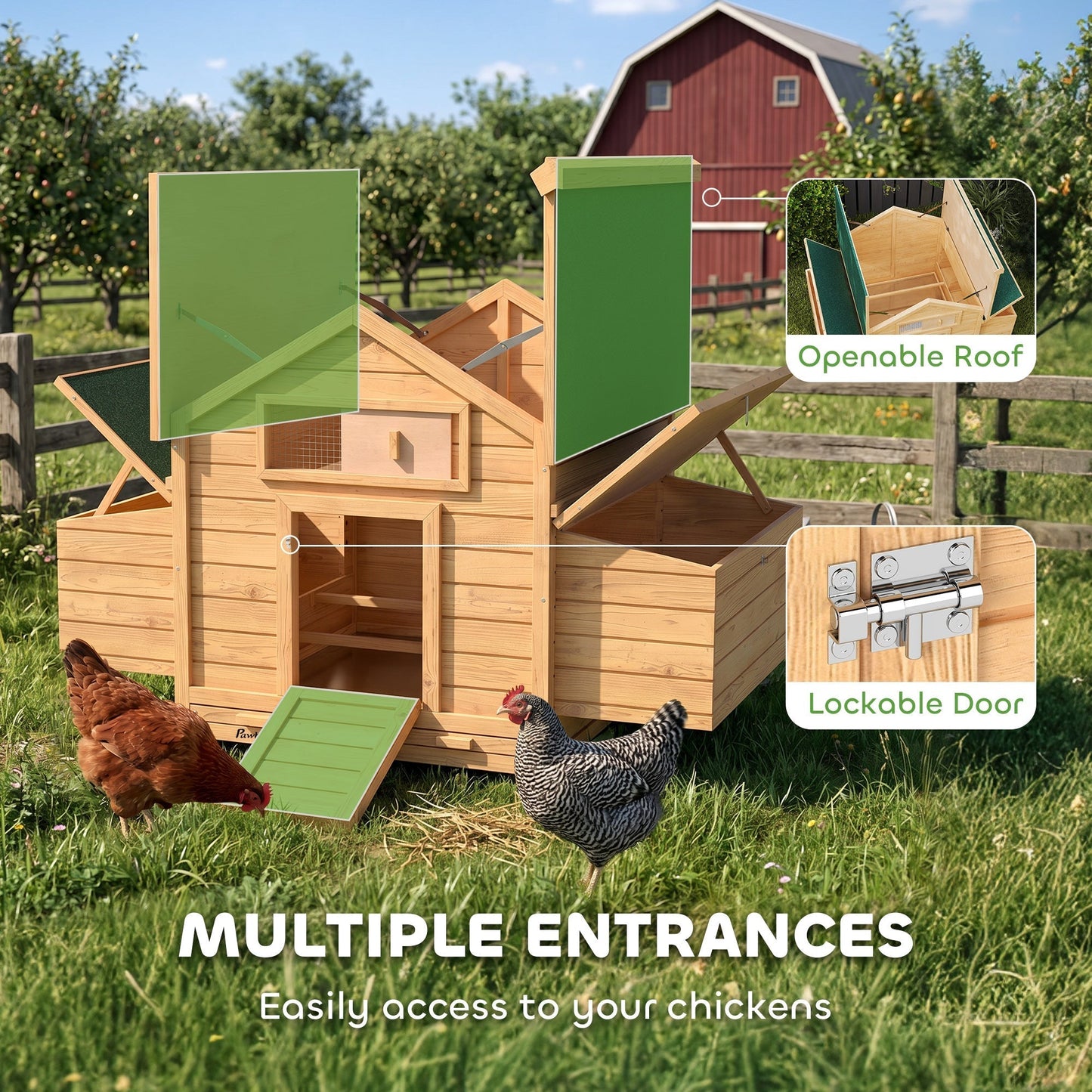PawHut Chicken Coop, Wooden Outdoor Hen House with Nesting Box, Openable Waterproof Top, Pull-Out Tray, 150 x 100 x 97cm