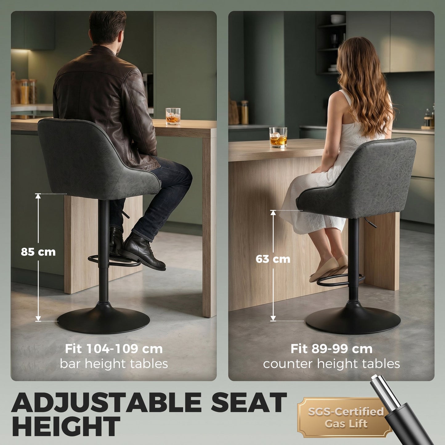 HOMCOM Bar Stools Adjustable Swivel Kitchen Chairs with Backrest Set of 2 for Kitchen Island Dark Grey