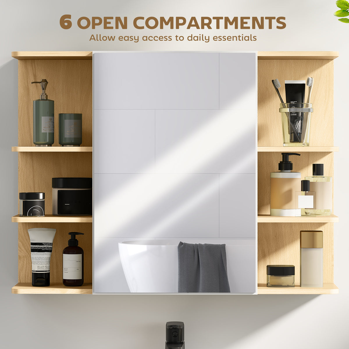 HOMCOM Bathroom Mirror Cabinet with Open Storage Shelves in a Natural Wood Finish