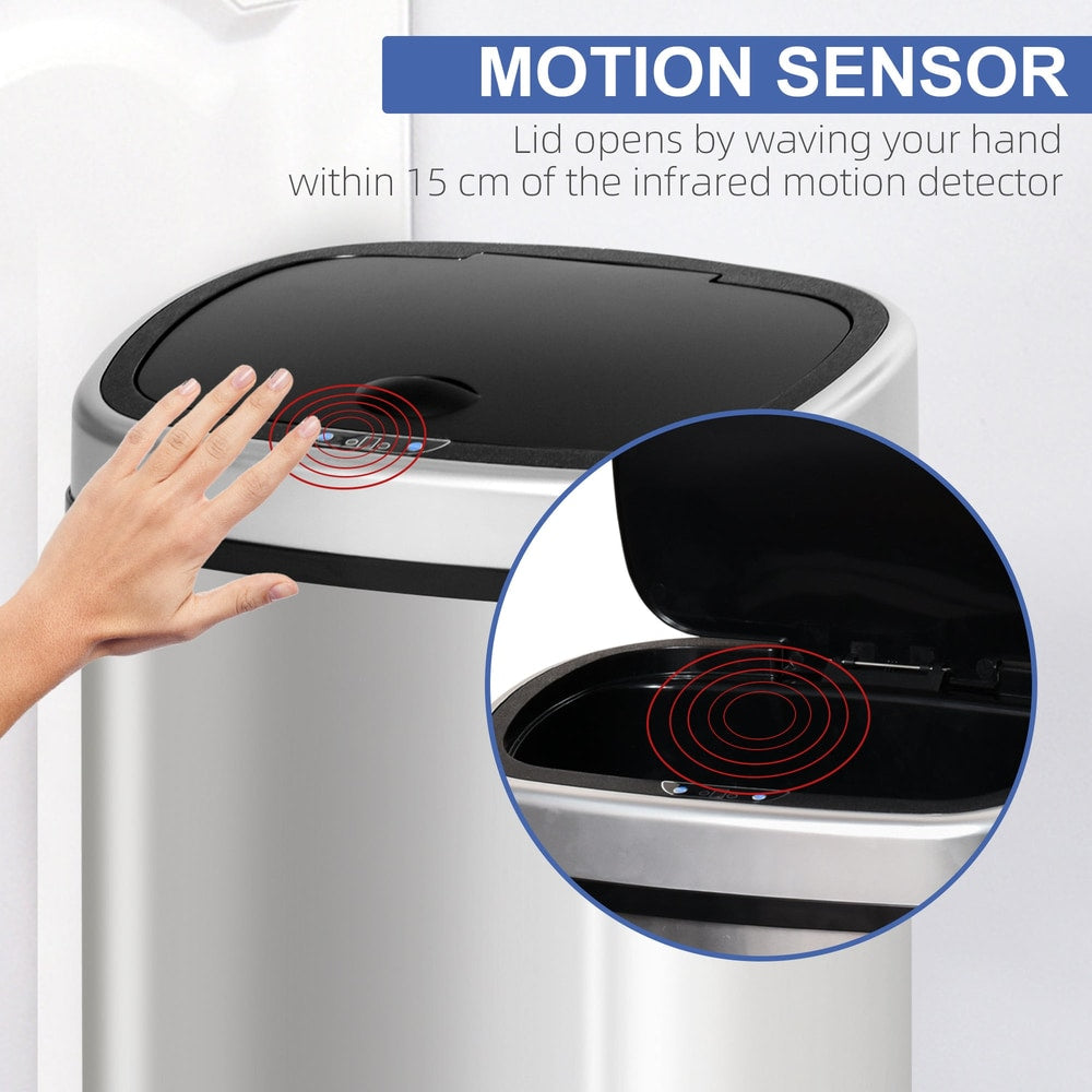 A hand waves over the motion sensor of the automatic kitchen bin, causing the lid to open