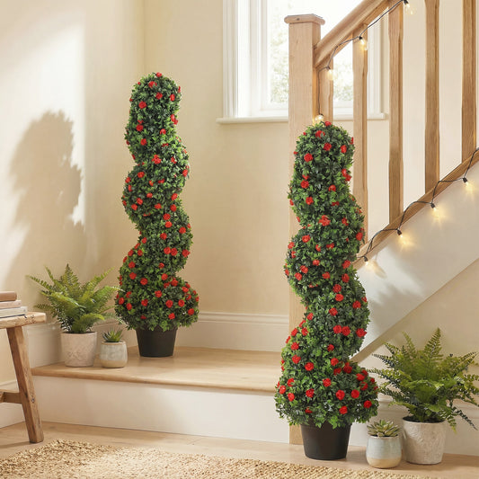 HOMCOM Decorative Artificial Plants Set of 2, UV Resistant Fake Plants in Pot for Indoor Outdoor Decor, 90cm, Red