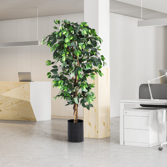 The artificial tree with green leaves and a brown trunk in a black nursery pot